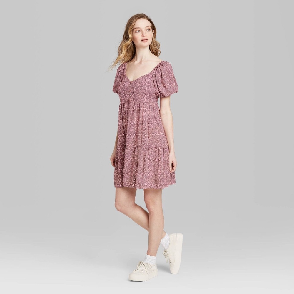 Mauve Polka Dot Puff Sleeve Babydoll Mini Dress L